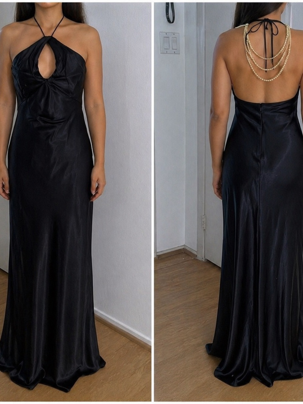 Satin Halter-Back Black Evening Dress